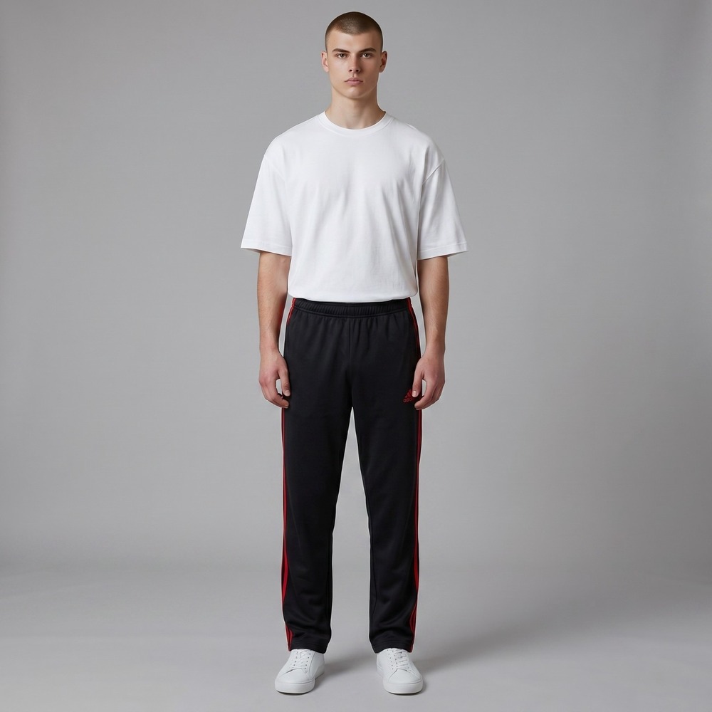 adidas Men's Essentials Warm-up Open Hem Size M 30X32" Black Red 3-stripes
